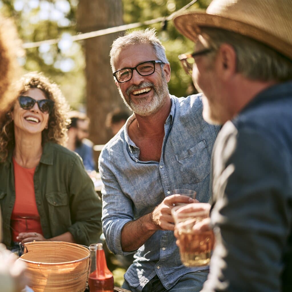 Three veterans laughing together at an outdoor table